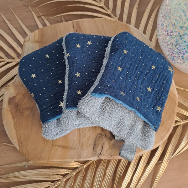 Lot de 3 débarbouillettes- Mini gants d’apprentissage pour enfant-Bleu/Gris/Bleu à étoiles dorées
