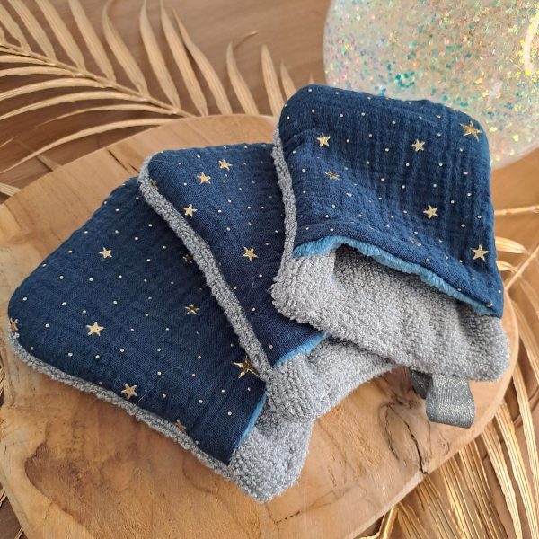 Lot de 3 débarbouillettes- Mini gants d’apprentissage pour enfant-Bleu/Gris/Bleu à étoiles dorées – Image 7