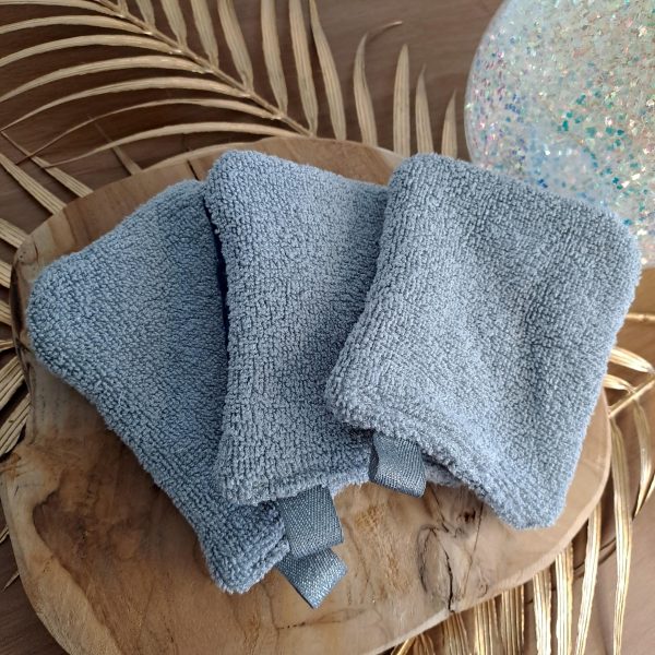 Lot de 3 débarbouillettes- Mini gants d’apprentissage pour enfant-Bleu/Gris/Bleu à étoiles dorées – Image 6