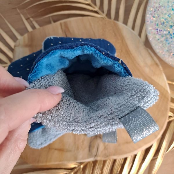 Lot de 3 débarbouillettes- Mini gants d’apprentissage pour enfant-Bleu/Gris/Bleu à étoiles dorées – Image 5