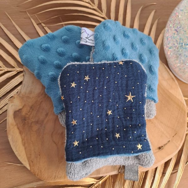 Lot de 3 débarbouillettes- Mini gants d’apprentissage pour enfant-Bleu/Gris/Bleu à étoiles dorées – Image 3